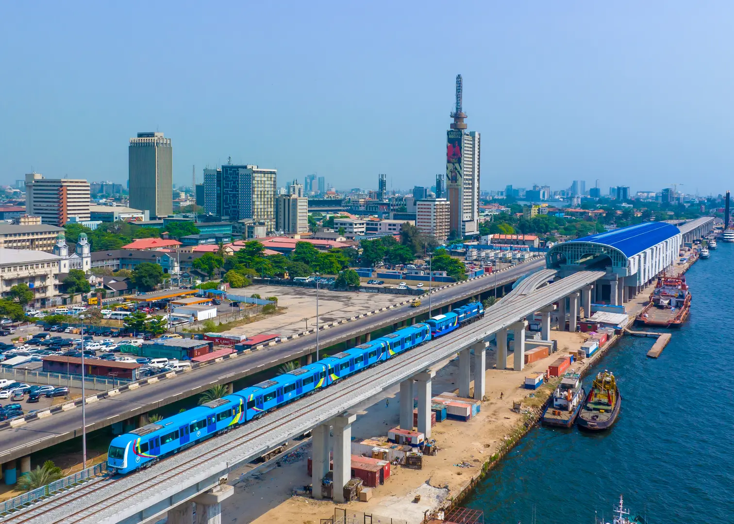 Lagos Blue Line train on an elevated track at Marina